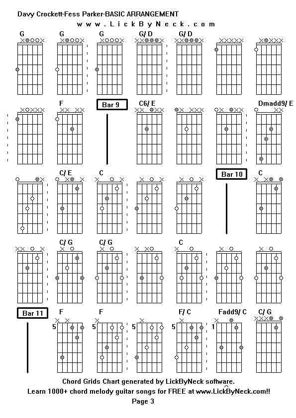 Chord Grids Chart of chord melody fingerstyle guitar song-Davy Crockett-Fess Parker-BASIC ARRANGEMENT,generated by LickByNeck software.